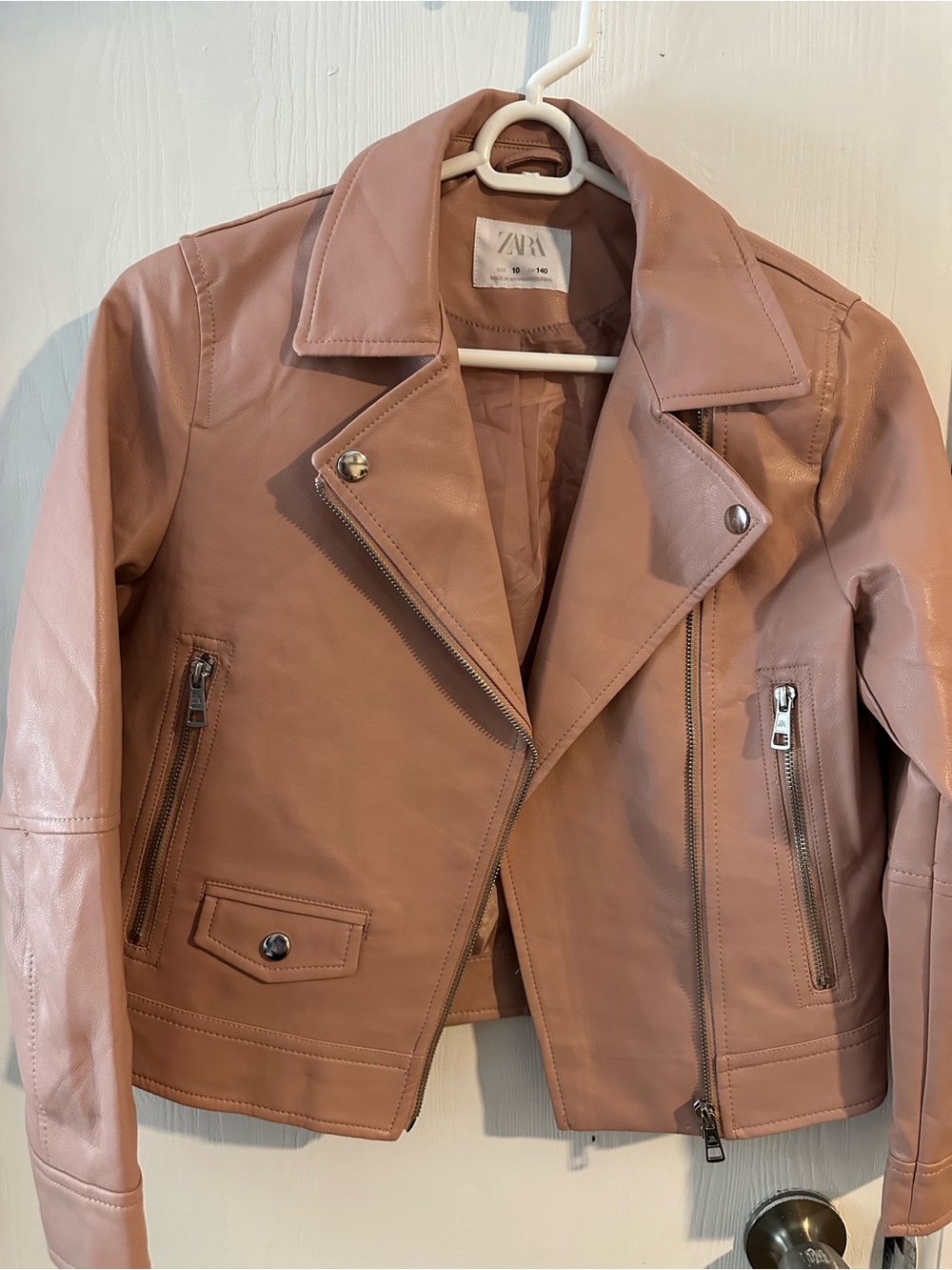 Women’s Zara Pink Faux Leather Moto Jacket Size 10